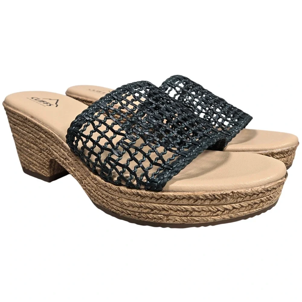 Cliffs by White‎ Mountain Biankka Platform Woven Slide Sandals Black 10 NIB